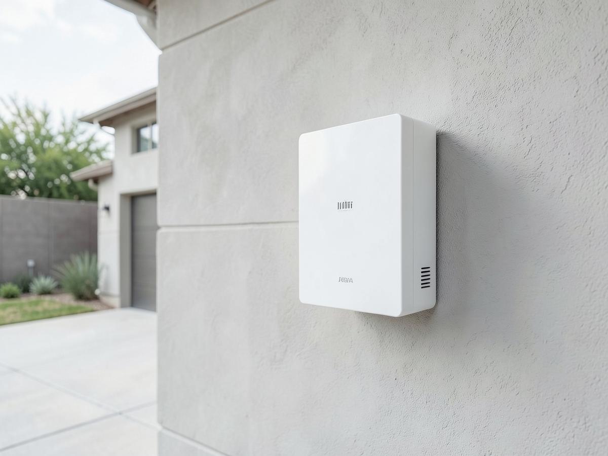 Home battery storage unit installed on a garage wall