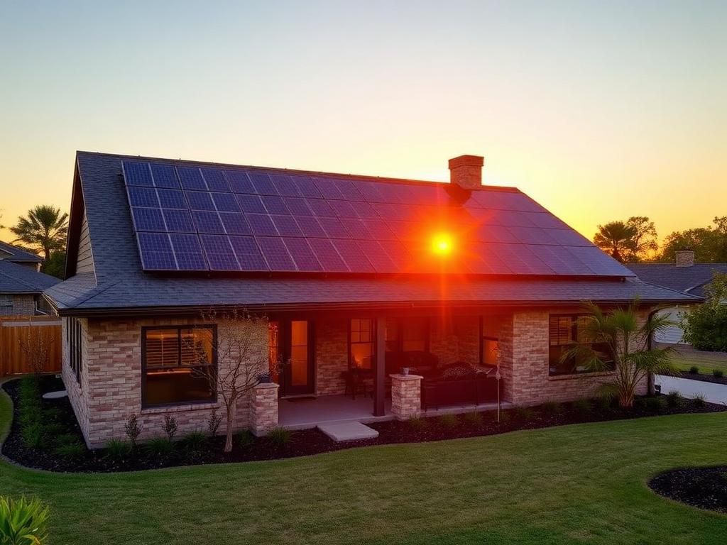 Modern solar panel installation on a Texas home at sunset